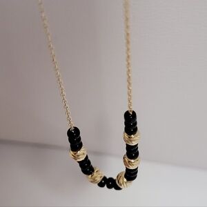 14k Solid Gold Necklace With Black Gemstone & Gold Beads, 18" L.